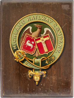 Highland Railway Coat Of Arms nicely mounted on a hardwood display board, measures 17in x 13in ,