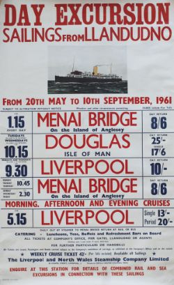 Poster LIVERPOOL AND NORTH WALES STEAMSHIP COMPANY LIMITED, Day excursion sailings from LLANDUDNO to