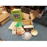 Eight boxes of children's toys, china and domestic ware including Subbuteo table soccer,