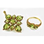 A 19th century style 9ct gold peridot pendant and ring,