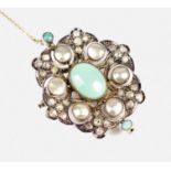 A late 19th century diamond, blister pearl and turquoise brooch/pendant,