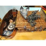 A 19th century copper fish kettle, a cast iron fox head door stop, a set of claw furniture feet,