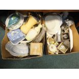 Two boxes of domestic ceramics including a cheese dish, teapots etc.