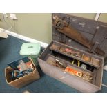 A deal work box including a selection of tools, saws etc.