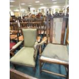 A 19th century oak high back open armchair together with a Victorian oak framed upholstered open