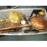 A mixed collection of metal wares and other works of art including: a copper bed pan,