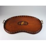 An Edwardian mahogany boxwood line strung and marquetry kidney shaped two handled tea tray,