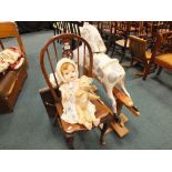 A child's painted wood rocking horse (at fault), an Edwardian spindle back bedroom chair,