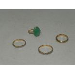 A 9ct gold wedding band together with a green stone set ring and two further bands