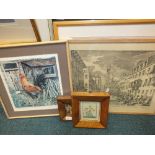 A collection of pictures and prints to include an indistinctly signed Italian etching with a urtino