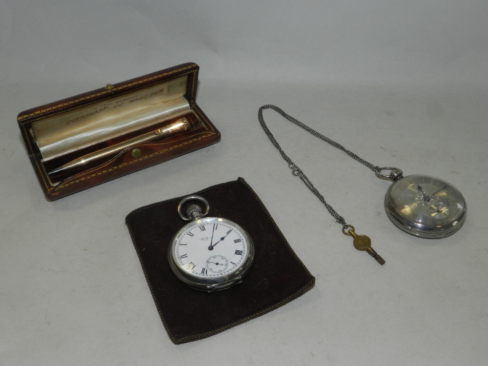 Two silver open faced pocket watches together with a cased yellow metal pencil