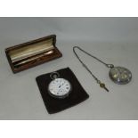 Two silver open faced pocket watches together with a cased yellow metal pencil