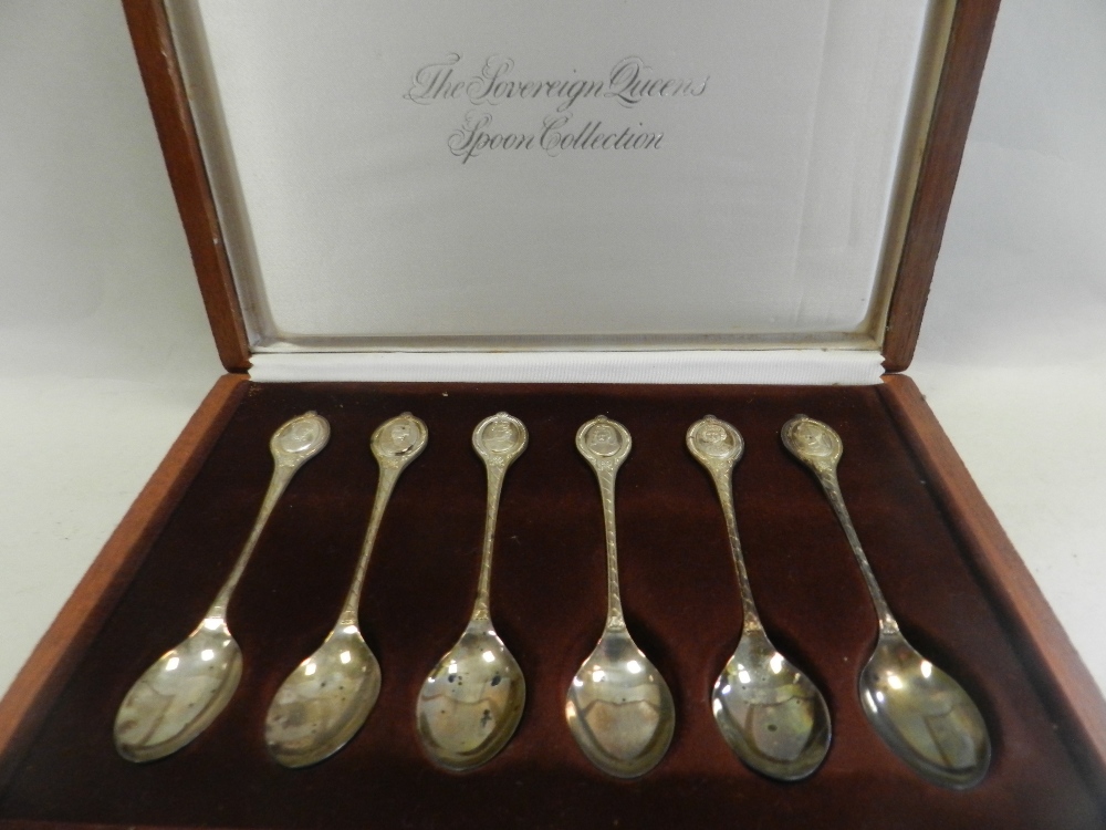 A cased set of six silver presentation teaspoons to commemorate the sovereign queen spoon