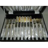 A cased set of twelve mother of pearl handles fruit knives and forks hallmarked Sheffield