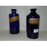 Two Bristol blue glass apothecary bottles, the first with paper label inscribed SYR.