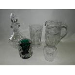 Cut and engraved glassware including decanters, whisky and water tumblers, jugs, sherry,