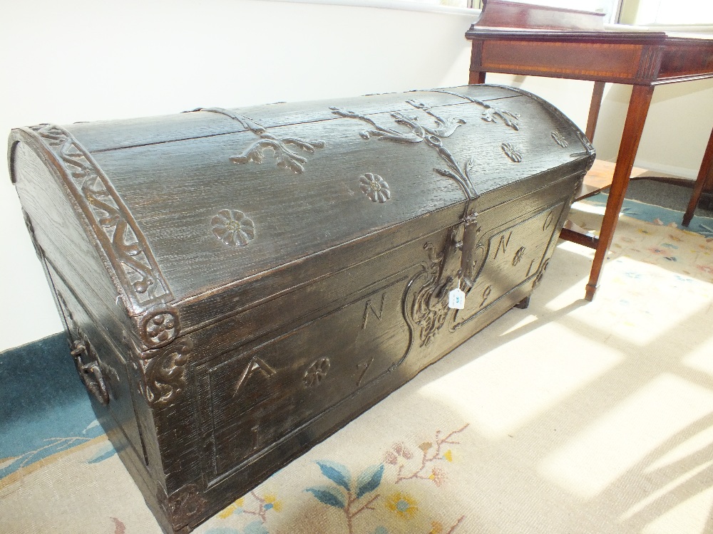 A late 18th century German stained oak domed lid trunk, - Image 2 of 2
