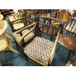 A late Victorian rosewood and mahogany dining chair, an Edwardian rush seated oak open armchair,