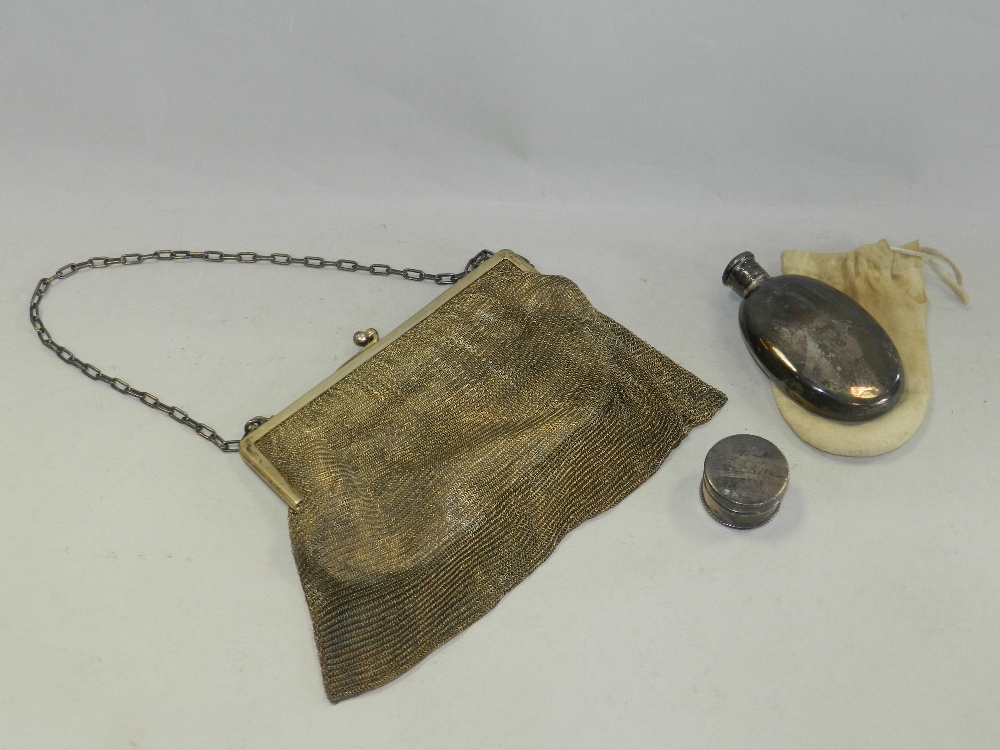 A miniature silver hip flask together with a silver pill box and a gilt metal purse