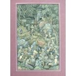 A Balinese Keliki Kawan School miniature, figures, dragons and mythical beasts in a wooded village,