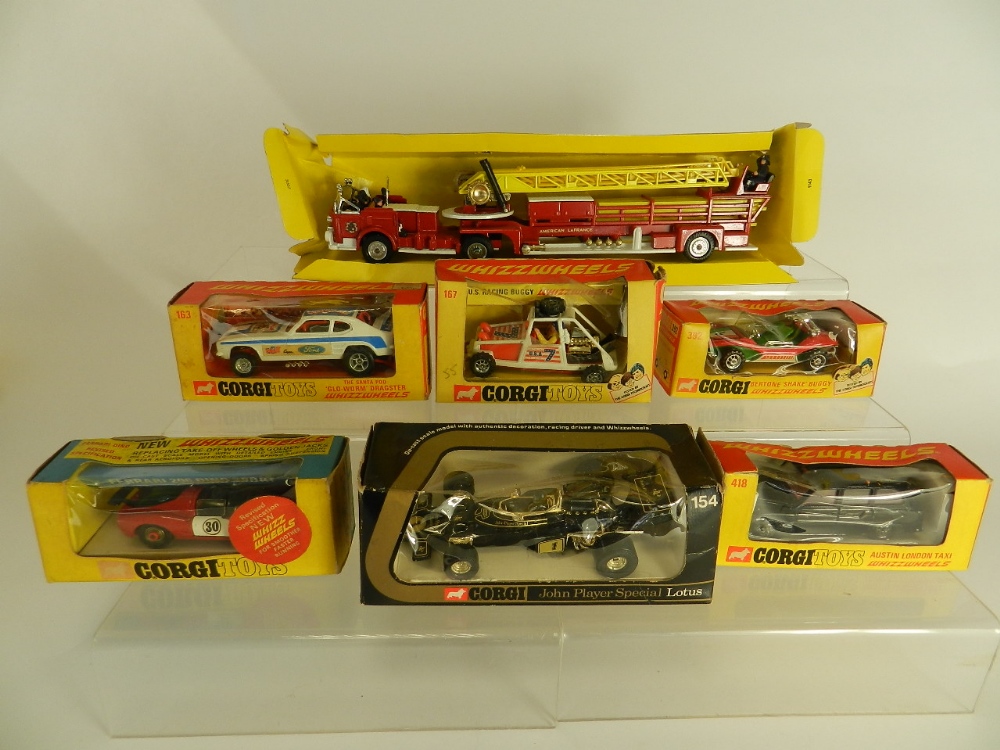 Seven boxed Corgi vehicles, 5 Whizzwheels models No 163 Capri Dragster,