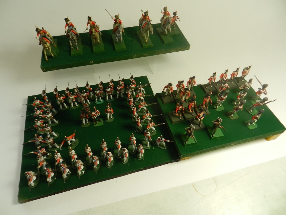 Three cased dioramas of 54mm British model soldiers the Waterloo battle,