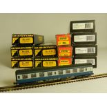 Twelve boxed N Gauge Coaches by Graham Farish and Minitrix, four in 374 Series, one 0705, one 0725,