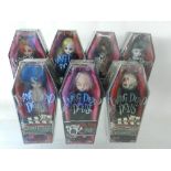 Seven boxed, unopened 'Living Dead Dolls' by Mezco Toys to include Sybil, Dahlia, Hollywood, Siren,