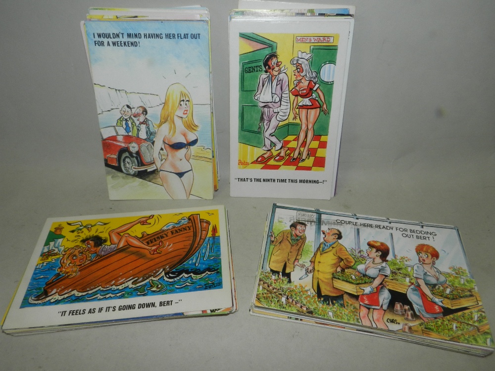 A collection of late 20th century humorous postcards of an adult nature.