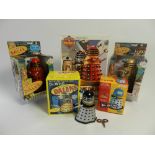 5 boxed, unused Dalek figures, two 6" versions in red and gold by Scificollector,