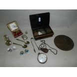 A silver Vesta case, a silver open face pocket watch, a silver thimble,