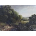 English School, late 19th/early 20th century Figures on a woodland track, oil on canvas,