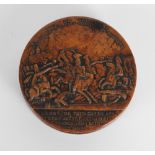An early 19th century French pressed burr wood commemorative snuff box titled 'Mort,