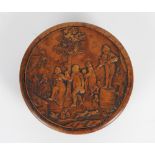 An early 19th century French pressed burr walnut circular snuff box,