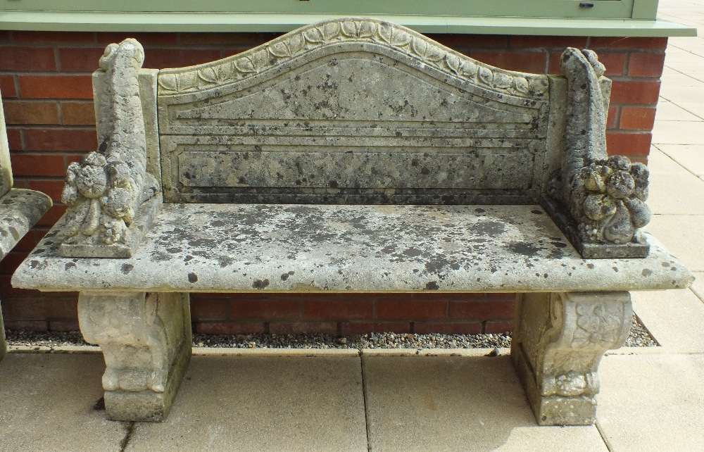A pair of reconstituted stone garden benches, - Image 2 of 2