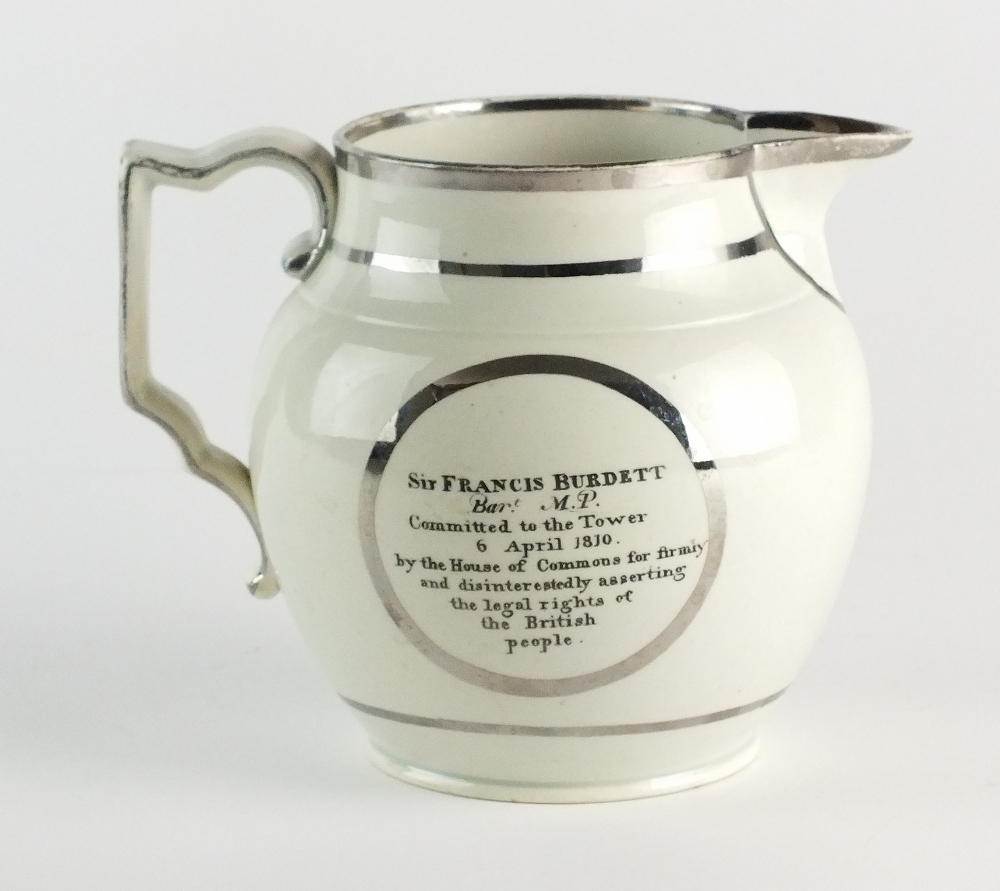 An early 19th century silver lustre jug, commemorating 'Sir Francis Burdett, Bart M.