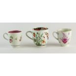 Two 18th century Worcester coffee cups painted in puce with flowers,