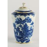 A Worcester blue and white tea canister and cover in the 'Argument' pattern, circa 1775-85,