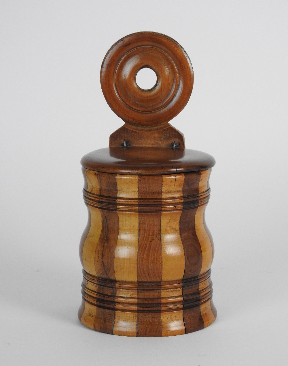 A mid 19th century Scottish baluster sectional salt box with bullseye hanging ring, 11.