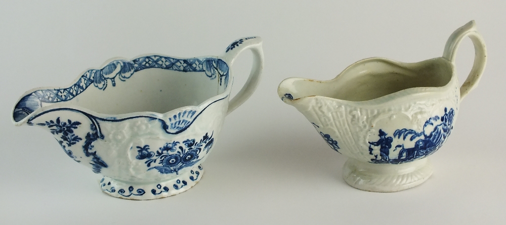 A blue and white sauceboat transfer-printed in the Pleasure Boat pattern, probably Liverpool,