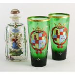 A pair of green painted armorial glass beakers, Austrian or German, late 19th century, 18cm high,