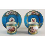 A pair of Sèvres porcelain blue celeste coffee cans and saucers (Gobelet 'Litron' et Soucoupe),