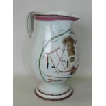 A late 18th/early 19th century pearlware 'Farmers Arms' baluster jug,