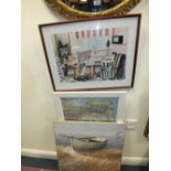 A.R. Fisk, Rowing Boat on a Beach, oil on canvas, together with a circular mirror and two prints.