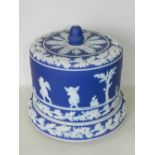 A large Victorian dark blue jasper cameo ware cheese dish and cover, perhaps Dudson,