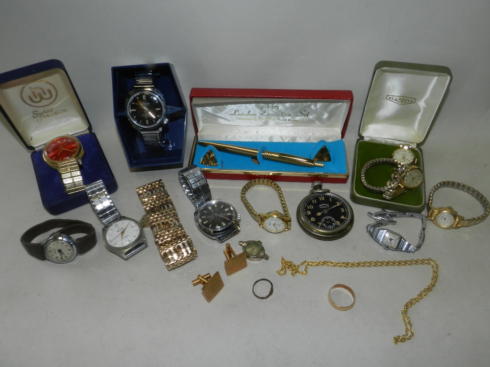 A collection of various wristwatches, a 9ct gold wedding band, a collection of coins and banknotes,