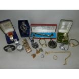 A collection of various wristwatches, a 9ct gold wedding band, a collection of coins and banknotes,