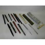 Fifteen assorted fountain pens to include the first biro and pencils by Watermans, Parker,