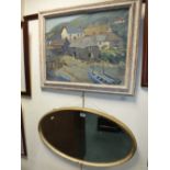 An oil on canvas of a coastal village, signed Earl ad an oval mirror.