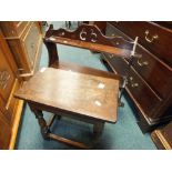 A 19th/20th century oak joint type stool, together with an Edwardian mahogany mural shelf.